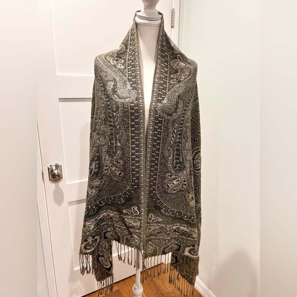 pashmina Olive Paisley Shawl with Fringe